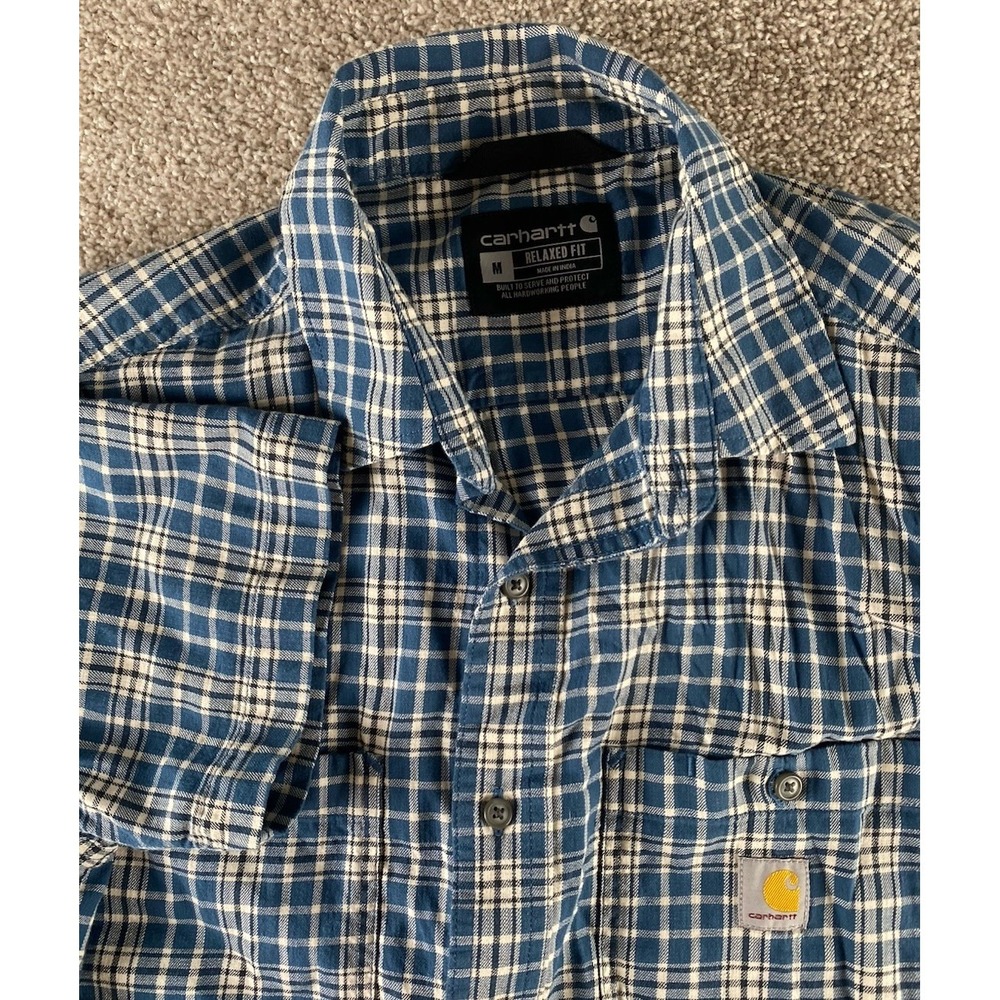 Carhartt Blue/White Plaid Rugged Flex Mens M Flannel TW5701-M Cotton Stretch